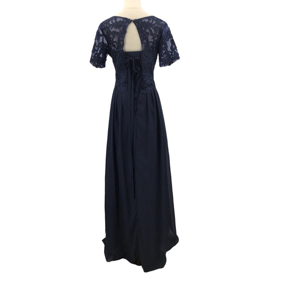 MOTHER OF THE BRIDE 14 XL Plus Blue Embroidered Lace  Draped Maxi Dress New B27 - Picture 2 of 8